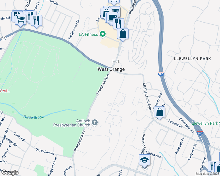 map of restaurants, bars, coffee shops, grocery stores, and more near 520 Prospect Avenue in West Orange