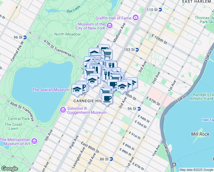map of restaurants, bars, coffee shops, grocery stores, and more near 16 East 98th Street in New York