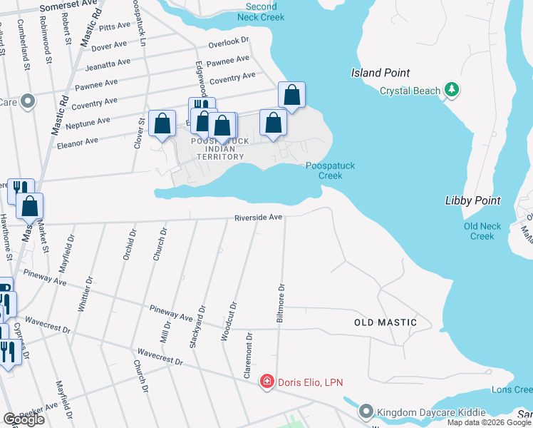 map of restaurants, bars, coffee shops, grocery stores, and more near 15 Riverside Avenue in Mastic Beach