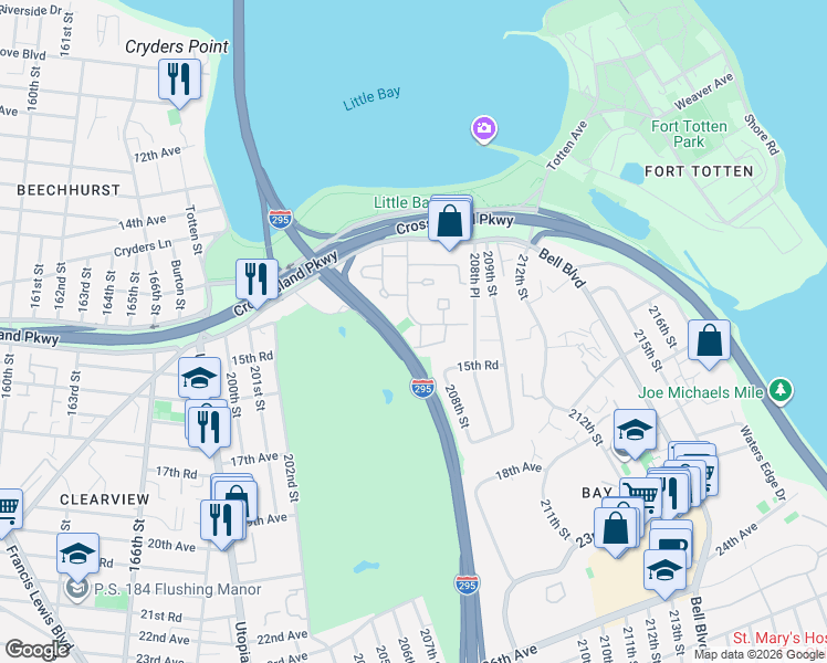 map of restaurants, bars, coffee shops, grocery stores, and more near 14-04 Bonnie Lane in Queens