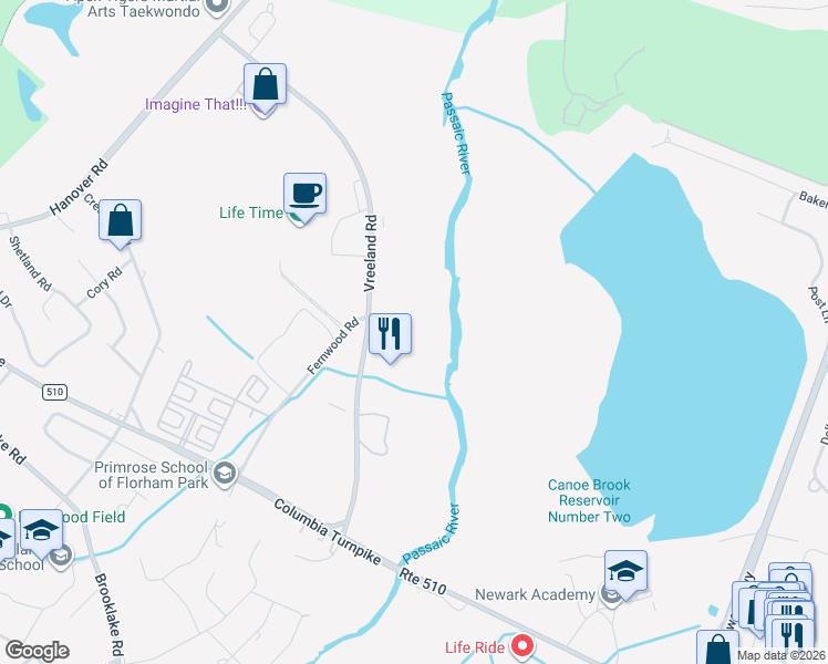 map of restaurants, bars, coffee shops, grocery stores, and more near 23 Vreeland Road in Florham Park