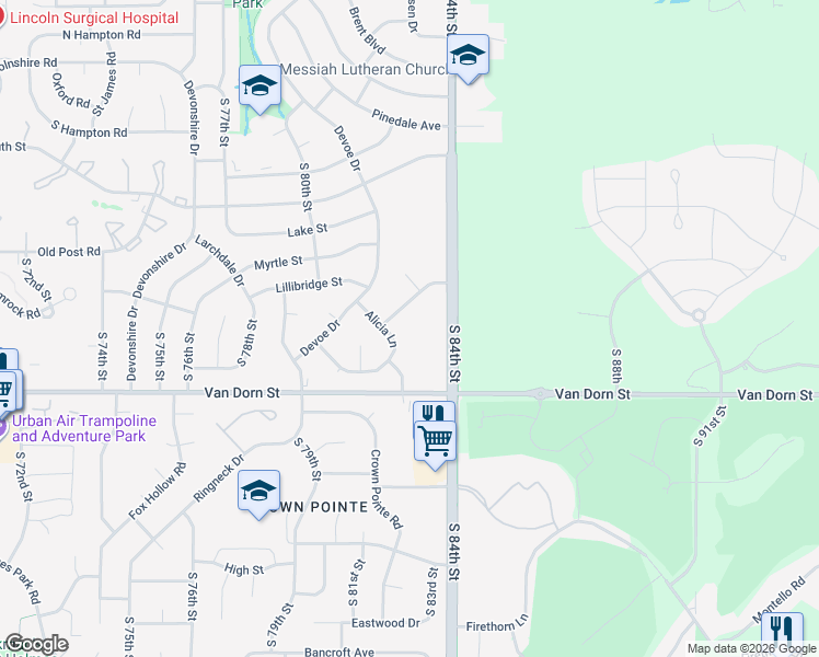 map of restaurants, bars, coffee shops, grocery stores, and more near 8315 Karl Ridge Road in Lincoln