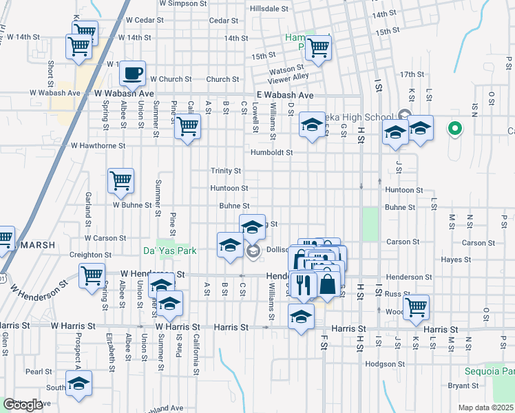 map of restaurants, bars, coffee shops, grocery stores, and more near 222 Buhne Street in Eureka