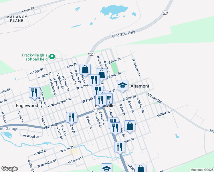 map of restaurants, bars, coffee shops, grocery stores, and more near 28 North Railroad Avenue in Frackville