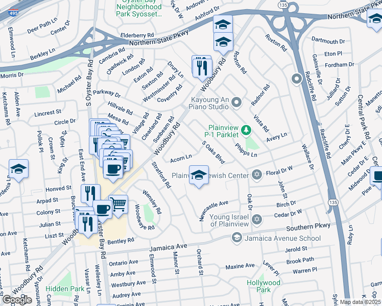 map of restaurants, bars, coffee shops, grocery stores, and more near 16 Chestnut Drive in Plainview