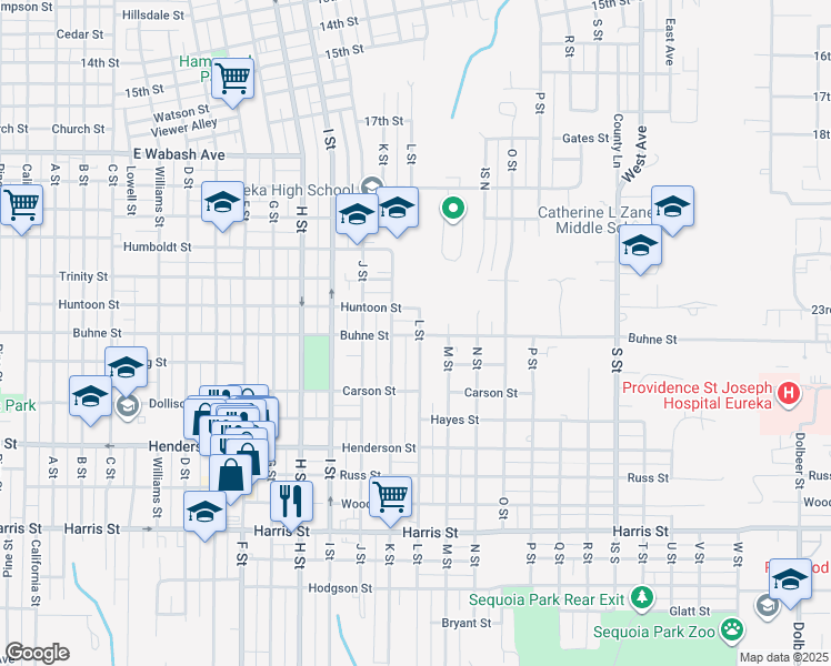 map of restaurants, bars, coffee shops, grocery stores, and more near 1039 Buhne Street in Eureka