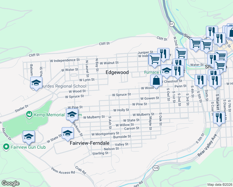map of restaurants, bars, coffee shops, grocery stores, and more near 1200-1298 West Wood Street in Edgewood