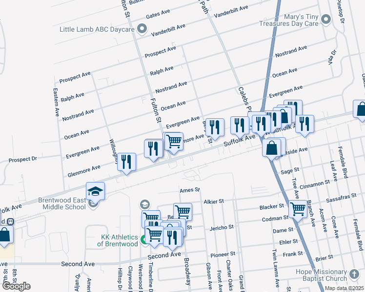 map of restaurants, bars, coffee shops, grocery stores, and more near 44 Glenmore Avenue in Brentwood