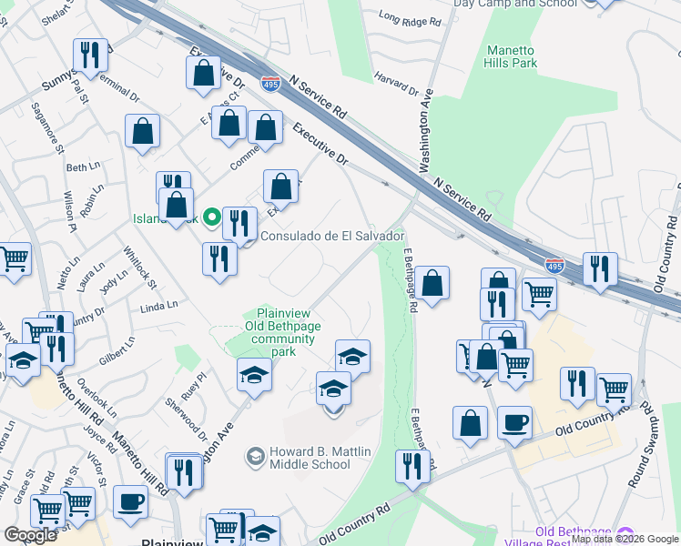 map of restaurants, bars, coffee shops, grocery stores, and more near 2 Colonial Gate in Plainview