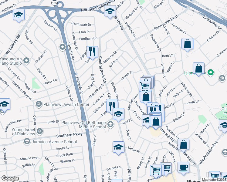 map of restaurants, bars, coffee shops, grocery stores, and more near 7 Gordon Avenue in Plainview