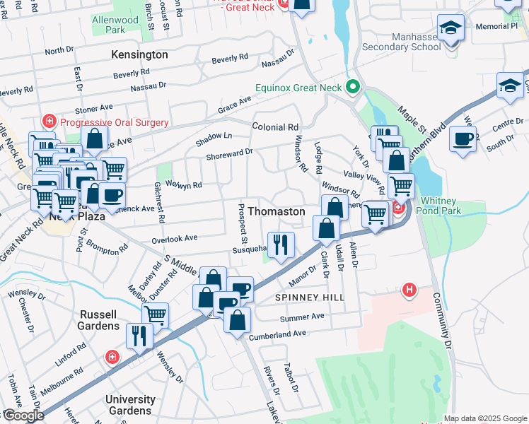 map of restaurants, bars, coffee shops, grocery stores, and more near 2 Spruce Street in Great Neck