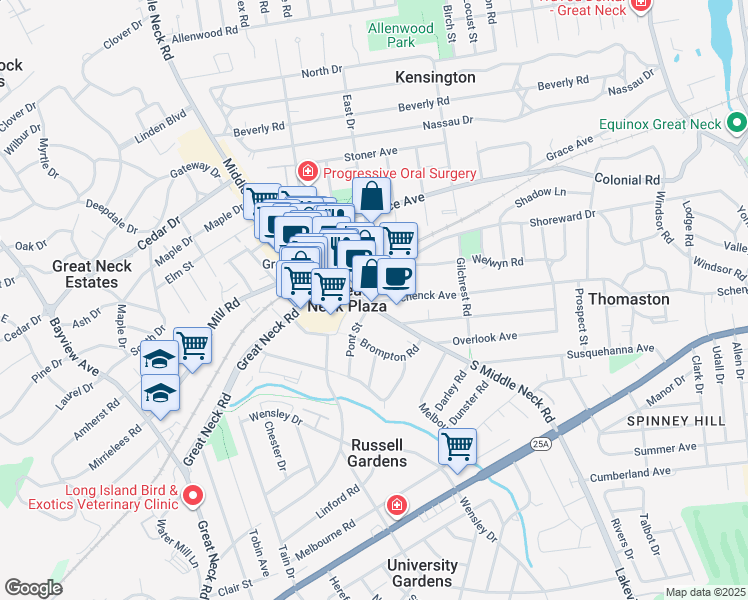 map of restaurants, bars, coffee shops, grocery stores, and more near 5 Schenck Avenue in Great Neck Plaza
