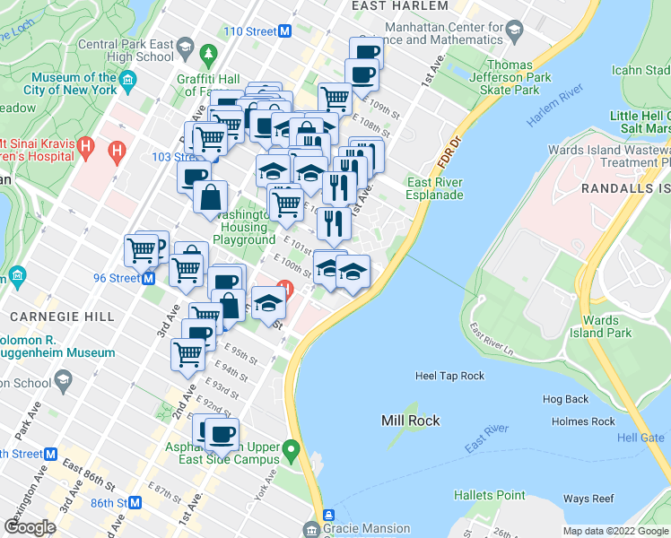 map of restaurants, bars, coffee shops, grocery stores, and more near in New York