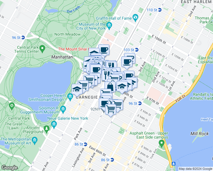 map of restaurants, bars, coffee shops, grocery stores, and more near in New York