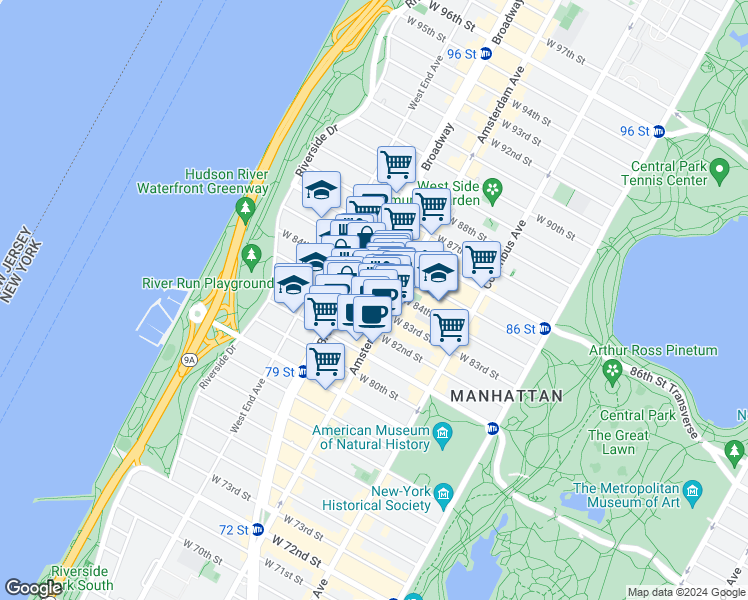 map of restaurants, bars, coffee shops, grocery stores, and more near in New York