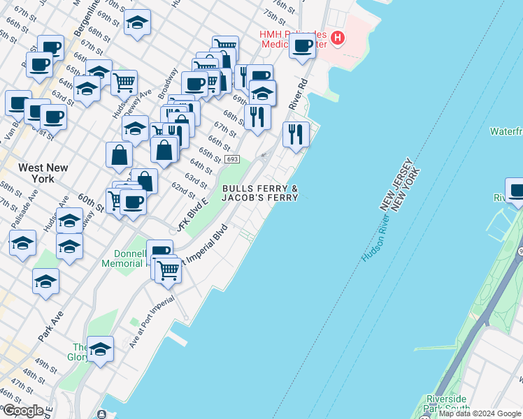 map of restaurants, bars, coffee shops, grocery stores, and more near in West New York