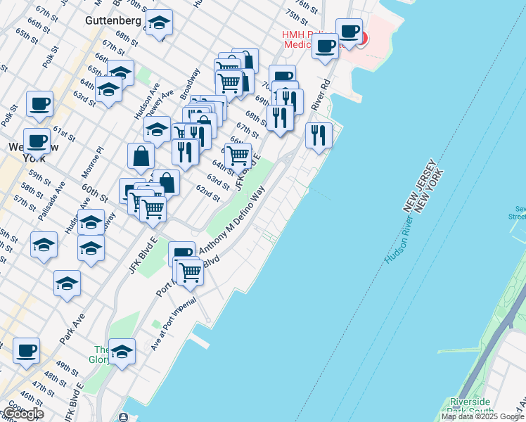 map of restaurants, bars, coffee shops, grocery stores, and more near 351 Oswego Court in West New York