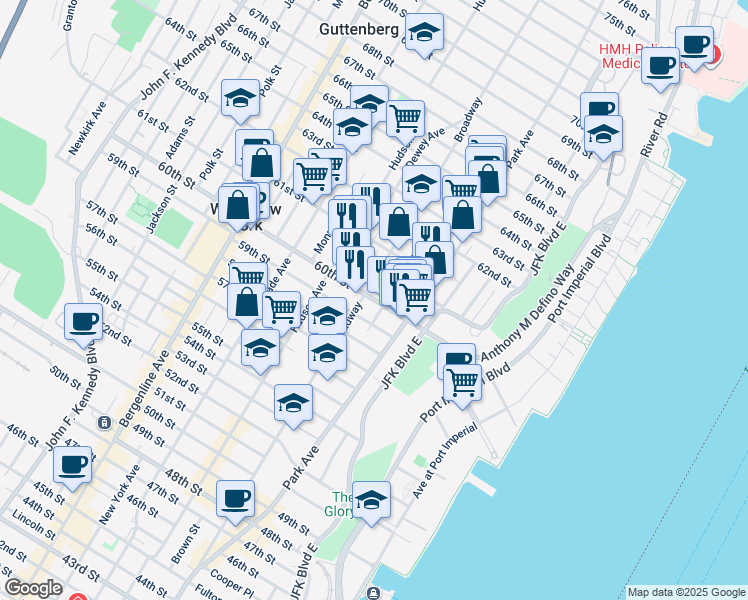 map of restaurants, bars, coffee shops, grocery stores, and more near in West New York