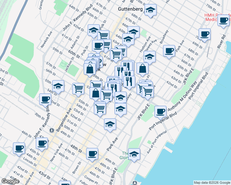 map of restaurants, bars, coffee shops, grocery stores, and more near 5900 Hudson Avenue in West New York