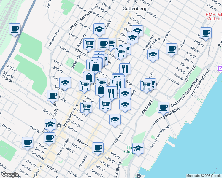 map of restaurants, bars, coffee shops, grocery stores, and more near 324 58th Street in West New York