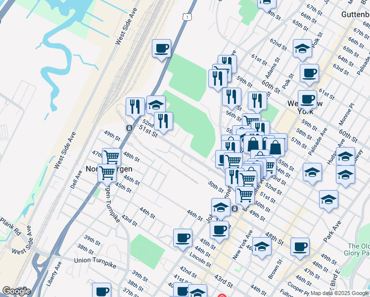 map of restaurants, bars, coffee shops, grocery stores, and more near 5204 Meadowview Avenue in North Bergen