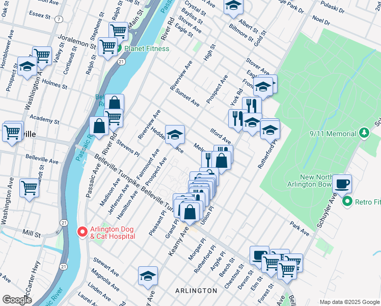 map of restaurants, bars, coffee shops, grocery stores, and more near 56 Hedden Terrace in North Arlington