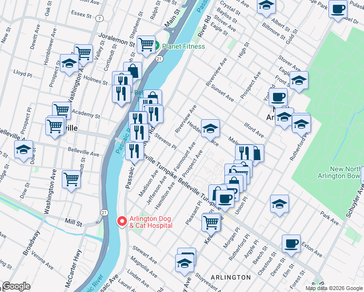 map of restaurants, bars, coffee shops, grocery stores, and more near 54 William Street in North Arlington