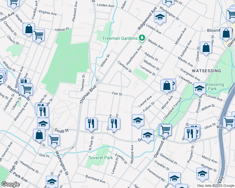 map of restaurants, bars, coffee shops, grocery stores, and more near 58 Fair Street in East Orange