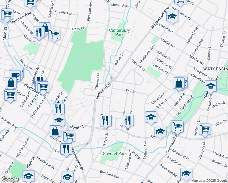 map of restaurants, bars, coffee shops, grocery stores, and more near 592 Thomas Boulevard in East Orange