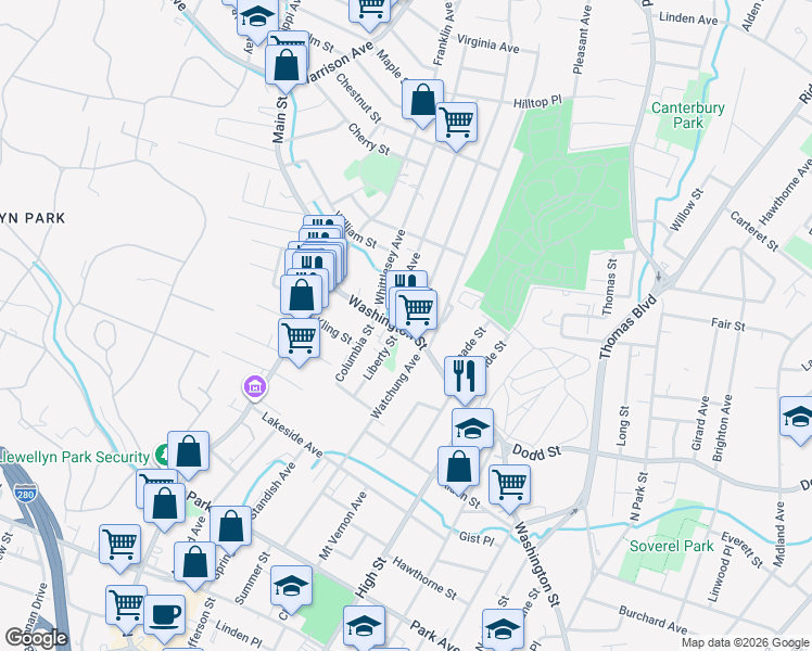 map of restaurants, bars, coffee shops, grocery stores, and more near 182 High Street in West Orange