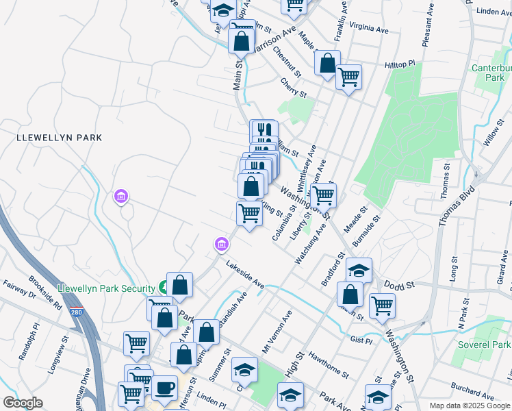 map of restaurants, bars, coffee shops, grocery stores, and more near 261 Main Street in West Orange