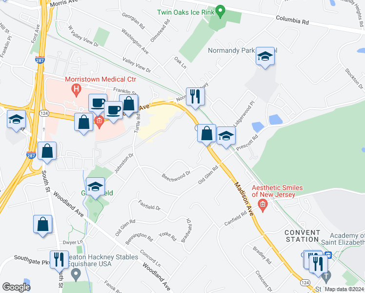 map of restaurants, bars, coffee shops, grocery stores, and more near 308 Pitney Place in Morristown
