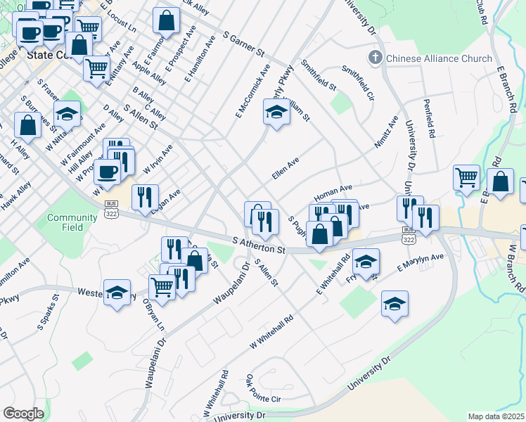 map of restaurants, bars, coffee shops, grocery stores, and more near 1238 South Pugh Street in State College