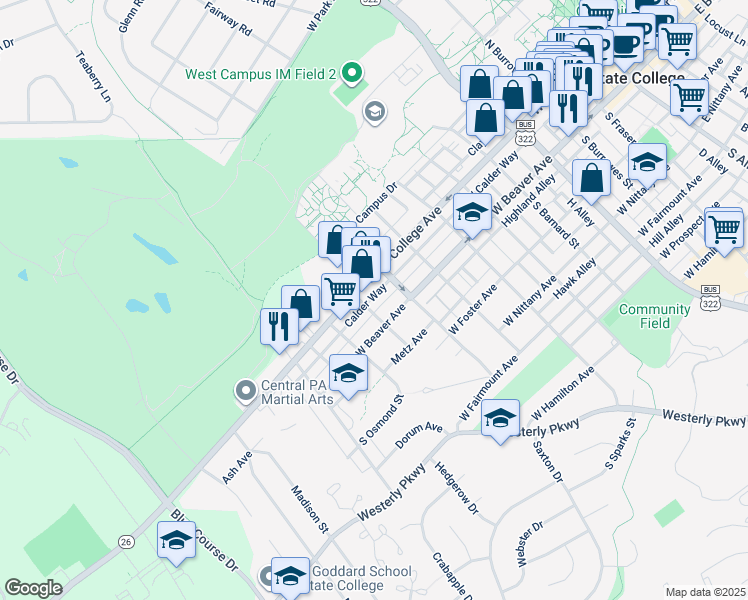 map of restaurants, bars, coffee shops, grocery stores, and more near 906 West College Avenue in State College