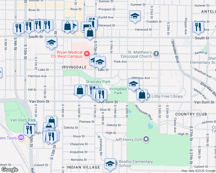 map of restaurants, bars, coffee shops, grocery stores, and more near 1848 Harrison Avenue in Lincoln
