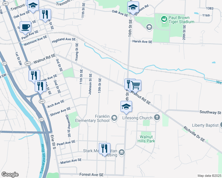 map of restaurants, bars, coffee shops, grocery stores, and more near 1003 15th Street Southwest in Massillon