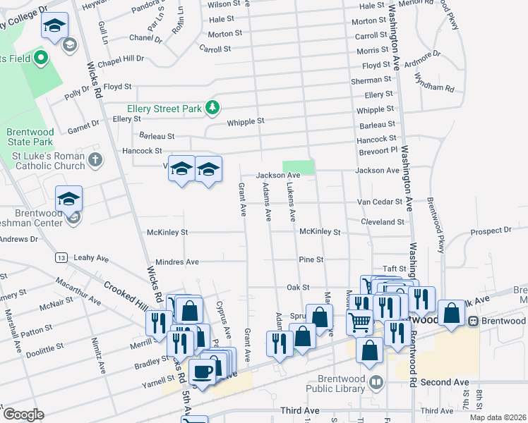 map of restaurants, bars, coffee shops, grocery stores, and more near 6 Van Cedar Street in Brentwood