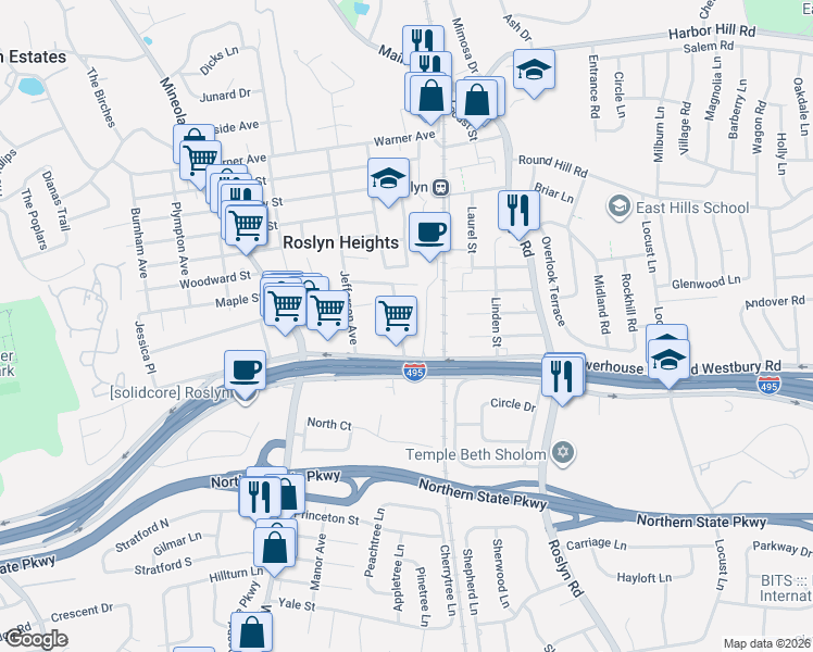 map of restaurants, bars, coffee shops, grocery stores, and more near 42 Coolidge Street in Roslyn Heights