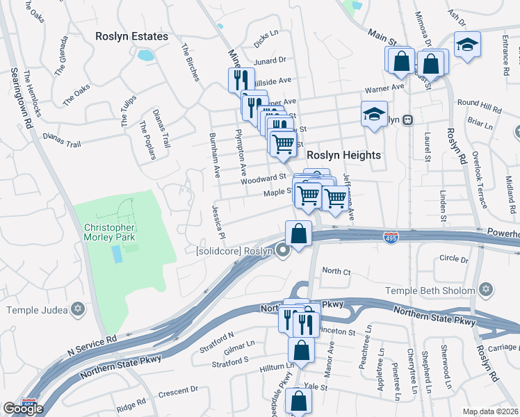 map of restaurants, bars, coffee shops, grocery stores, and more near 40 Maple Street in Roslyn Heights