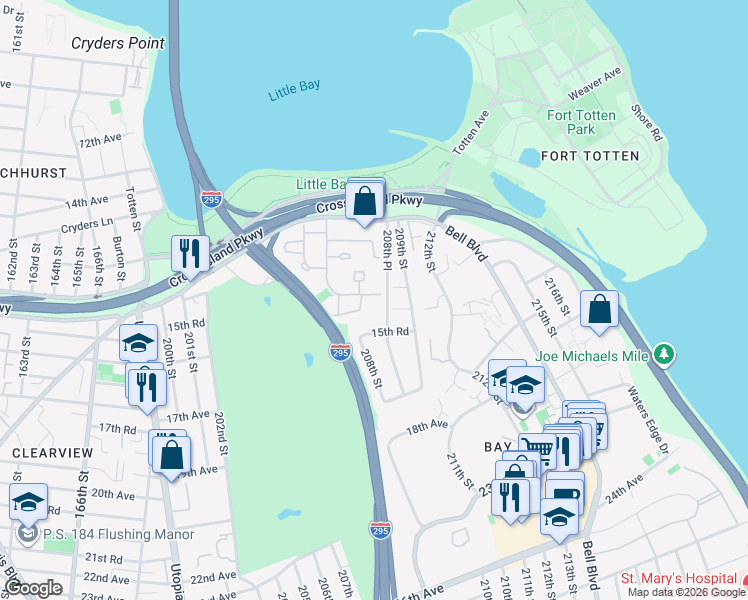 map of restaurants, bars, coffee shops, grocery stores, and more near 208-3 Estates Drive in Queens