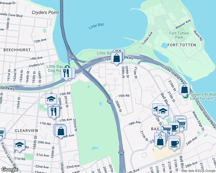 map of restaurants, bars, coffee shops, grocery stores, and more near 207-1 Estates Drive in Queens