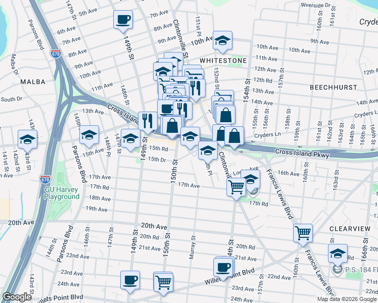 map of restaurants, bars, coffee shops, grocery stores, and more near 15049 15th Drive in Queens