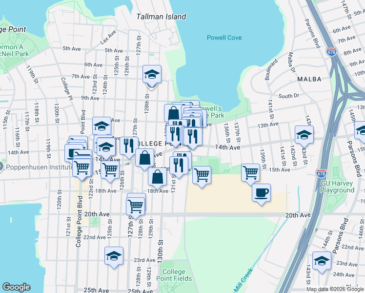 map of restaurants, bars, coffee shops, grocery stores, and more near 13105 14th Avenue in Queens