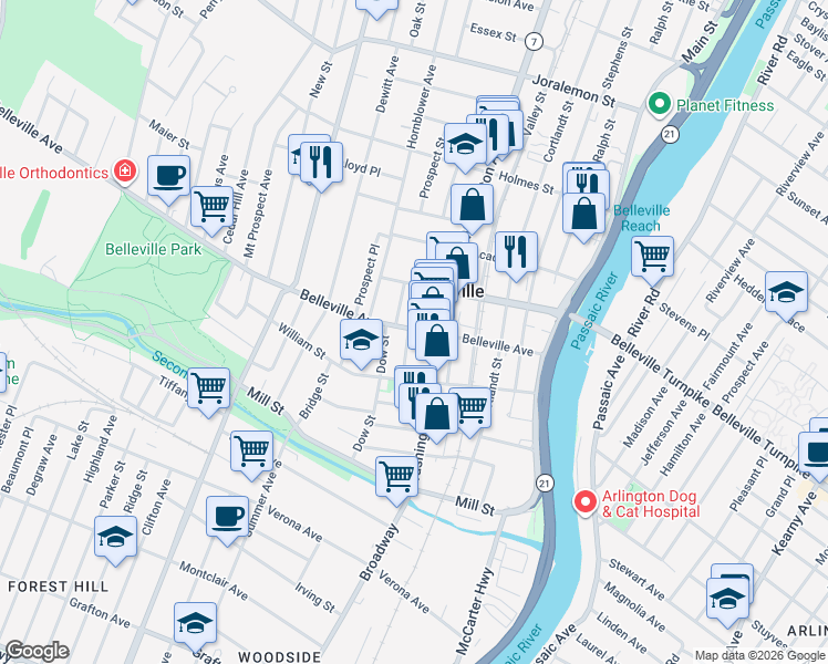 map of restaurants, bars, coffee shops, grocery stores, and more near 106 Belleville Avenue in Belleville