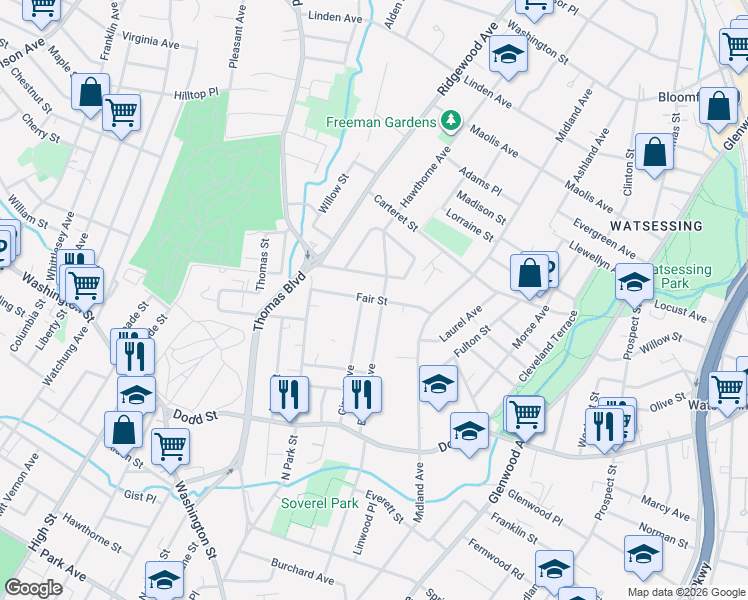 map of restaurants, bars, coffee shops, grocery stores, and more near 58 Fair Street in East Orange
