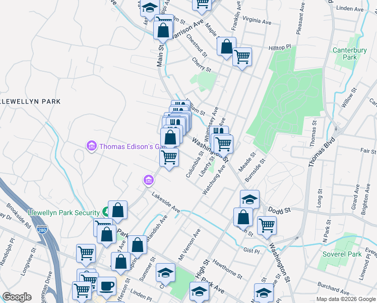 map of restaurants, bars, coffee shops, grocery stores, and more near 80 Washington Street in West Orange