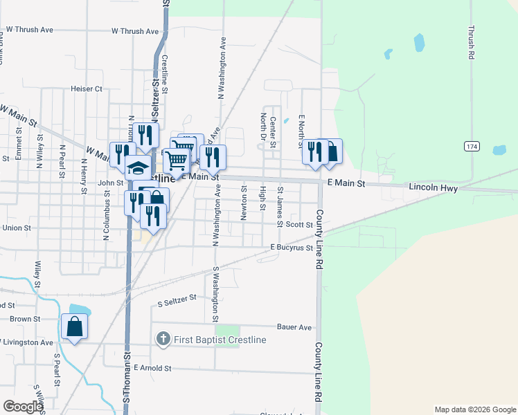 map of restaurants, bars, coffee shops, grocery stores, and more near 612 South Street in Crestline