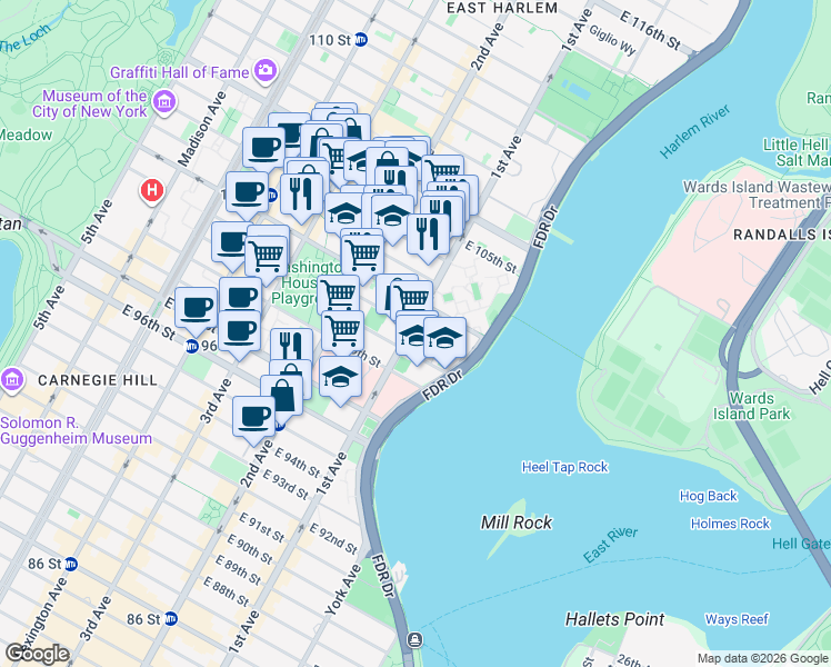 map of restaurants, bars, coffee shops, grocery stores, and more near 1950 1st Avenue in New York