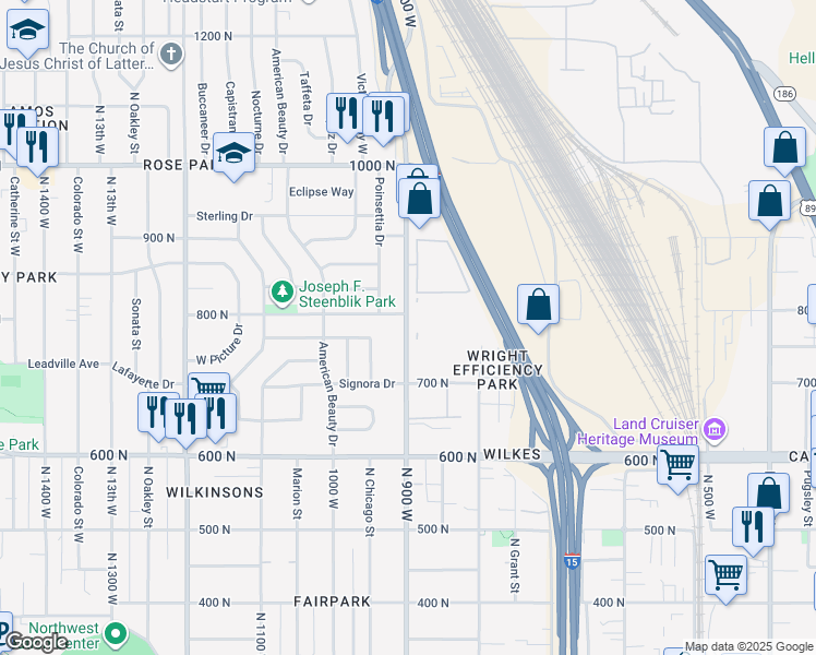 map of restaurants, bars, coffee shops, grocery stores, and more near 780 North 900 West in Salt Lake City