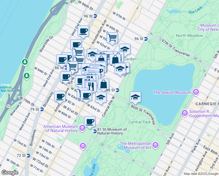 map of restaurants, bars, coffee shops, grocery stores, and more near 20 West 87th Street in New York
